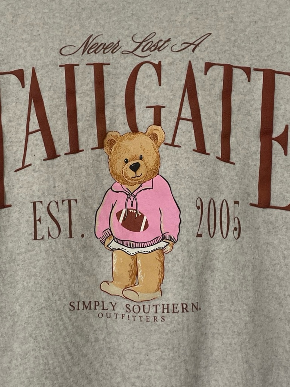 Simply Southern Gray Crewneck Sweatshirt with Pink Bear Tailgate Graphic - Picture 2 of 6
